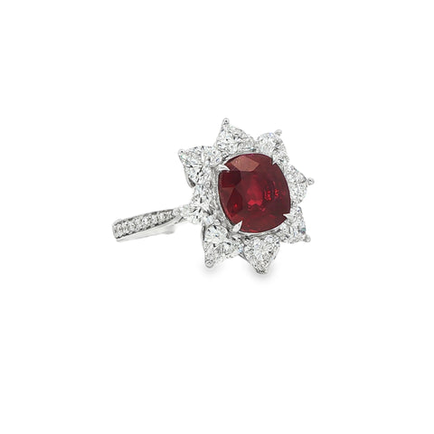 2.55CT Oval Cut Ruby with 2.16CTW Round Diamond Halo Ring set in 18K White Gold