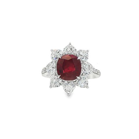2.55CT Oval Cut Ruby with 2.16CTW Round Diamond Halo Ring set in 18K White Gold