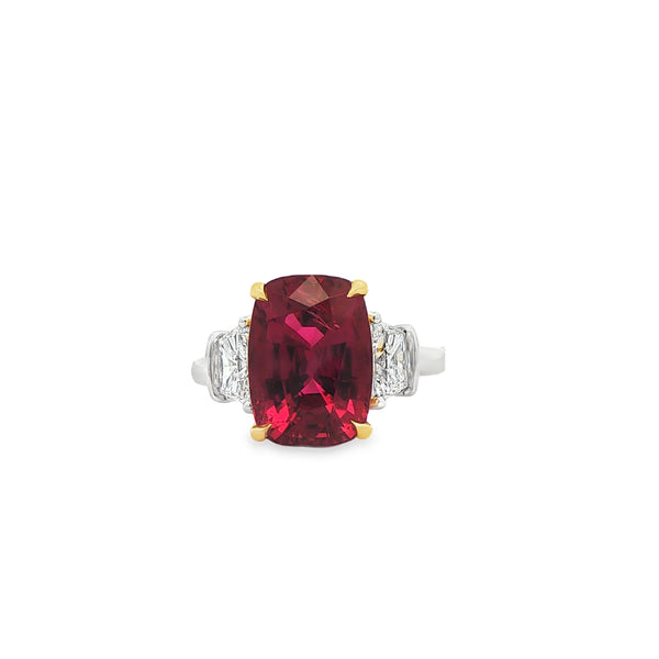 7.42 ct Rubellite & Trapezoid Diamond Three-Stone Ring