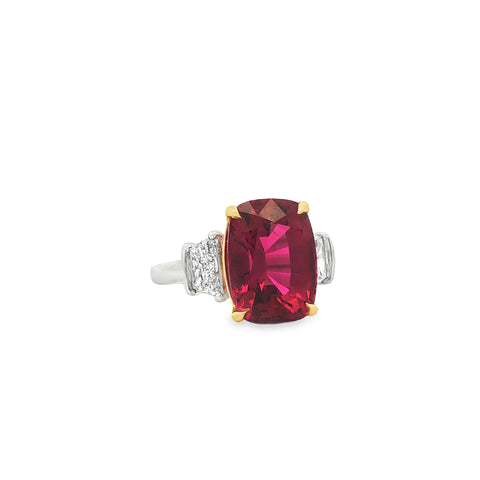 7.42 ct Rubellite & Trapezoid Diamond Three-Stone Ring