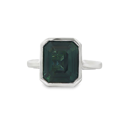 5.04 ct Emerald-Cut Teal Sapphire Bezel Ring in Platinum