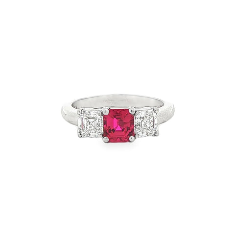 1.14 ct GIA Ruby & GIA Asscher Diamonds in Platinum Three-Stone Ring