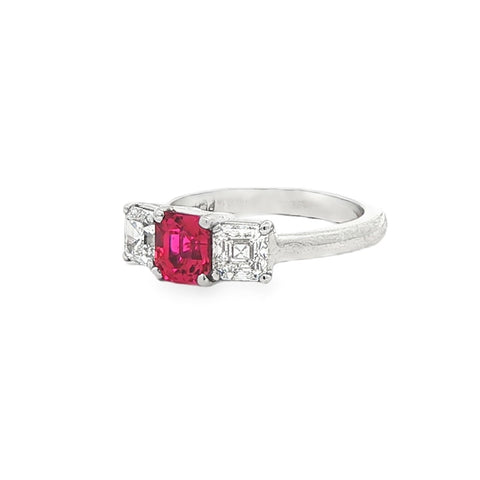 1.14 ct GIA Ruby & GIA Asscher Diamonds in Platinum Three-Stone Ring