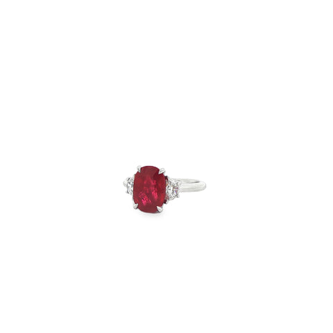 4.39 ct “Pigeon Blood ” Oval Ruby & Half-Moon Diamond Platinum Ring