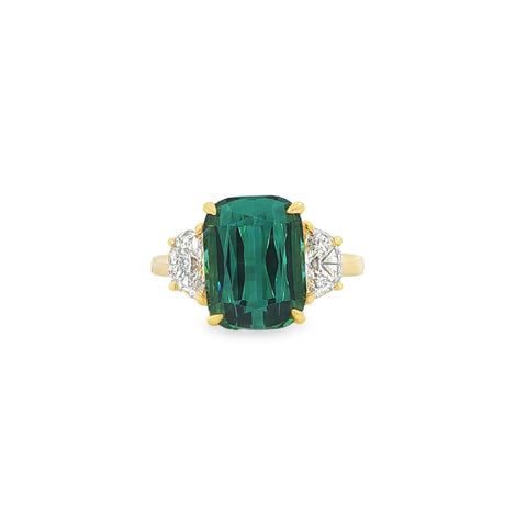 6.26 ct Blue-Green Tourmaline & Half-Moon Diamond Three-Stone Ring in 18K Yellow Gold