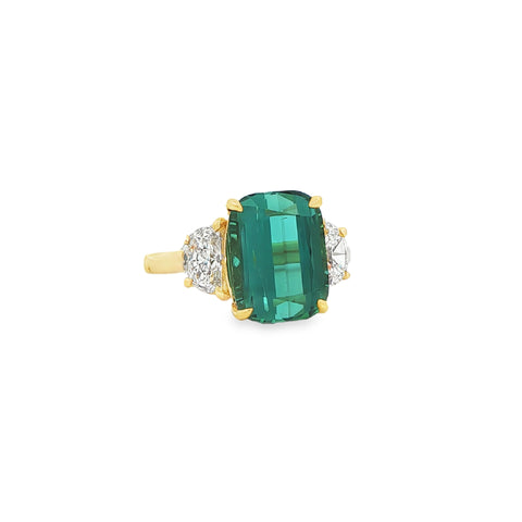 6.26 ct Blue-Green Tourmaline & Half-Moon Diamond Three-Stone Ring in 18K Yellow Gold