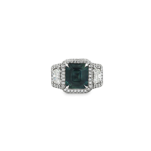 5.10 ct Teal Sapphire & Diamond Triple-Halo Ring in Platinum