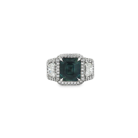 5.10 ct Teal Sapphire & Diamond Triple-Halo Ring in Platinum