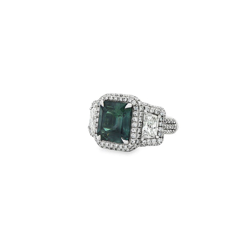 5.10 ct Teal Sapphire & Diamond Triple-Halo Ring in Platinum