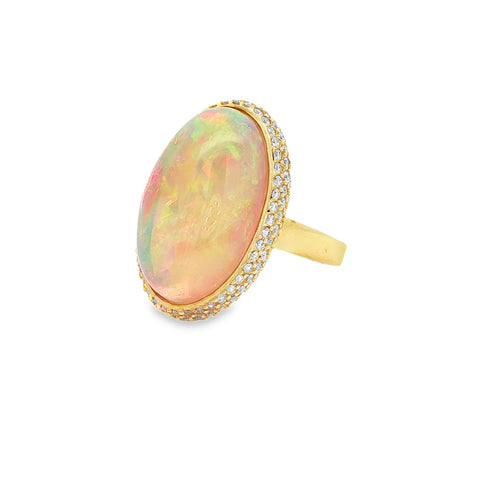 12.38 ct Ethiopian Opal Cabochon & Diamond Oval-Halo Ring in 18K Yellow Gold