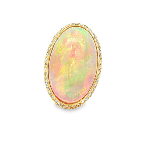 12.38 ct Ethiopian Opal Cabochon & Diamond Oval-Halo Ring in 18K Yellow Gold