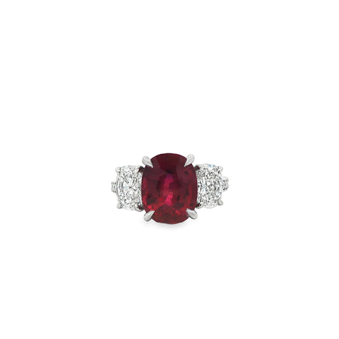 5.03 ct Gubelin Mozambique Oval Ruby & Oval Diamonds in Platinum Three-Stone Ring