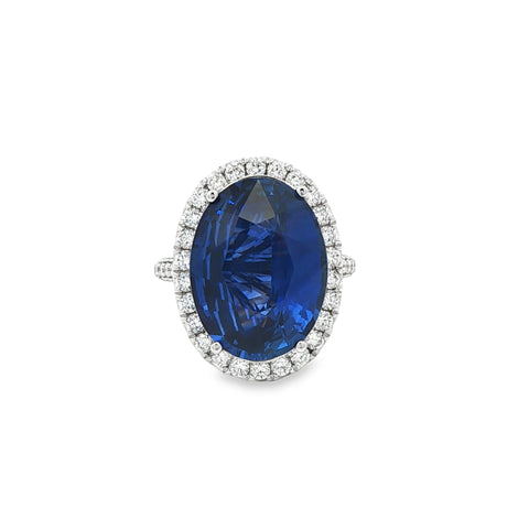 13.34CTW Blue Oval Sapphire 2.98CTW Diamond Halo Cocktail Ring set in 18K White Gold