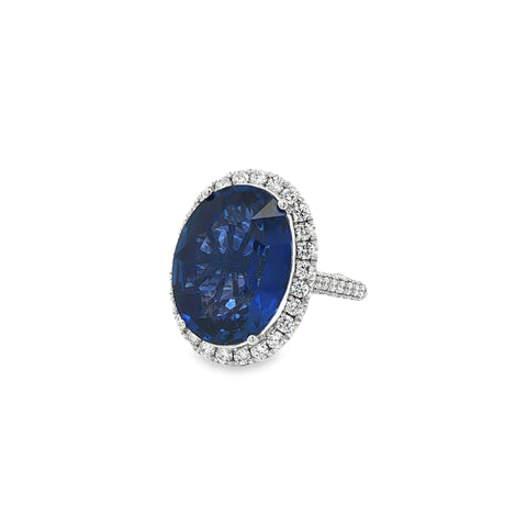 13.34CTW Blue Oval Sapphire 2.98CTW Diamond Halo Cocktail Ring set in 18K White Gold