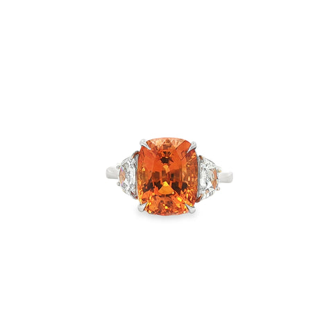 9.34CT Oval Orange Sapphire with 5/8CTW Cadillac Cut Three Stone Ring set in Platinum