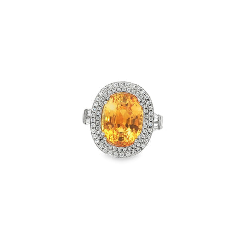 9.32CTW Oval Yellow Sapphire 2.81CTW HI/SI Two Row Halo & Baguette Diamond Cocktail Ring set in 18K White Gold