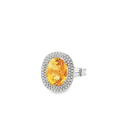 9.32CTW Oval Yellow Sapphire 2.81CTW HI/SI Two Row Halo & Baguette Diamond Cocktail Ring set in 18K White Gold