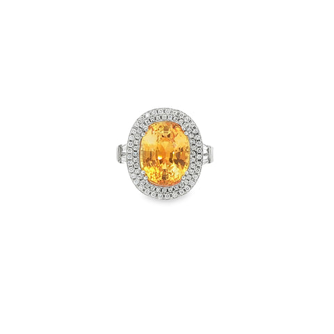 9.32CTW Oval Yellow Sapphire 2.81CTW HI/SI Two Row Halo & Baguette Diamond Cocktail Ring set in 18K White Gold