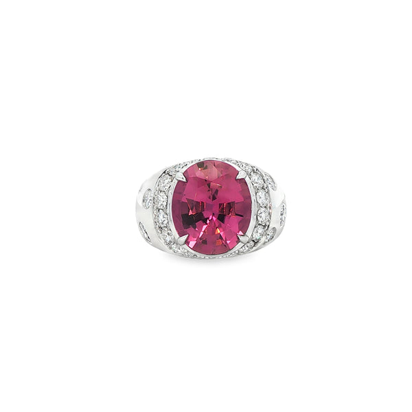 6.00CT Oval Cut Pink Tourmaline with 1.87CTW Diamond Halo Burnish Ring set in 14K White Gold