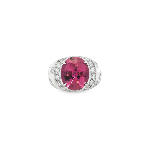 6.00CT Oval Cut Pink Tourmaline with 1.87CTW Diamond Halo Burnish Ring set in 14K White Gold
