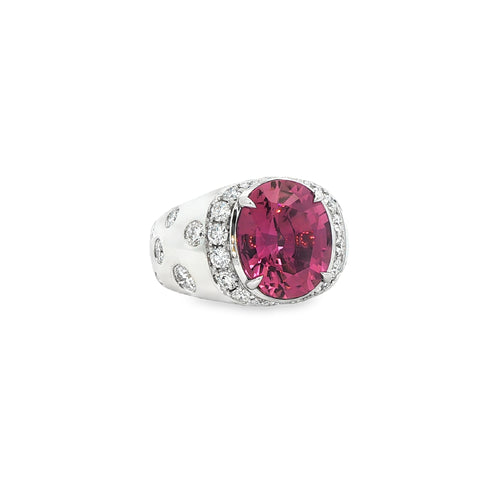 6.00CT Oval Cut Pink Tourmaline with 1.87CTW Diamond Halo Burnish Ring set in 14K White Gold