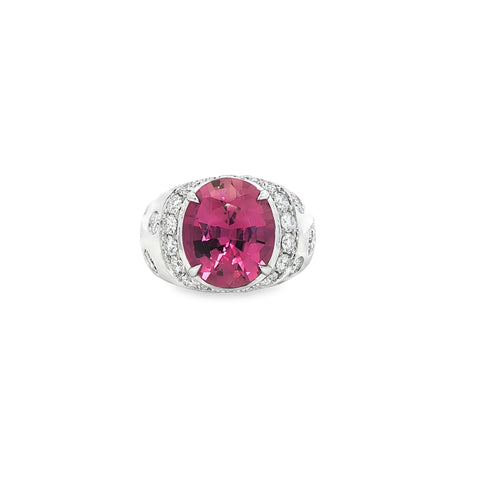 6.00CT Oval Cut Pink Tourmaline with 1.87CTW Diamond Halo Burnish Ring set in 14K White Gold