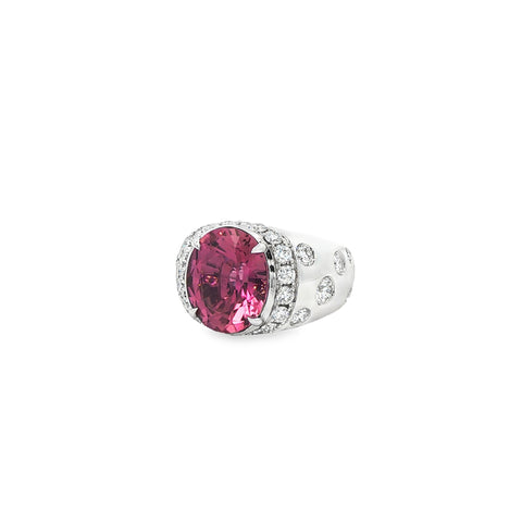 6.00CT Oval Cut Pink Tourmaline with 1.87CTW Diamond Halo Burnish Ring set in 14K White Gold