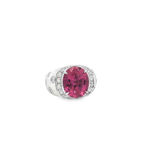 6.00CT Oval Cut Pink Tourmaline with 1.87CTW Diamond Halo Burnish Ring set in 14K White Gold