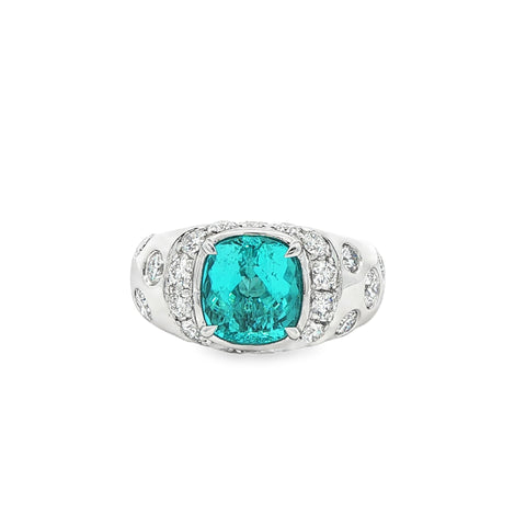 3.02CT Cushion Cut Mozambique Paraiba Tourmaline with 1.67CTW Diamond Halo Cocktail Ring set in Platinum