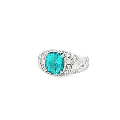 3.02CT Cushion Cut Mozambique Paraiba Tourmaline with 1.67CTW Diamond Halo Cocktail Ring set in Platinum