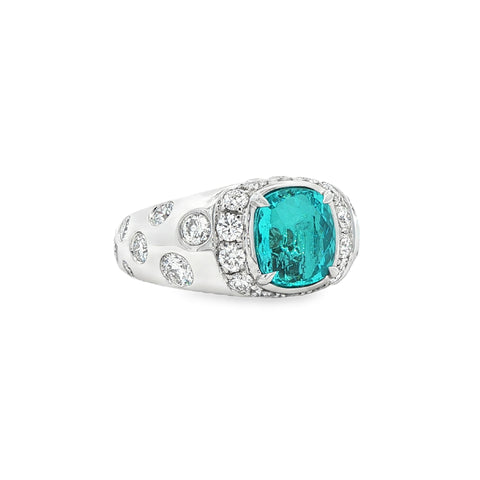 3.02CT Cushion Cut Mozambique Paraiba Tourmaline with 1.67CTW Diamond Halo Cocktail Ring set in Platinum