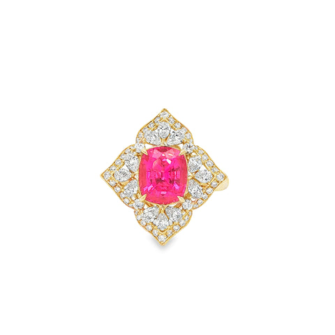 2.79CTW Cushion Cut Pink Spinel with 0.68CTW Cluster Diamond Ring set in 18K Yellow Gold