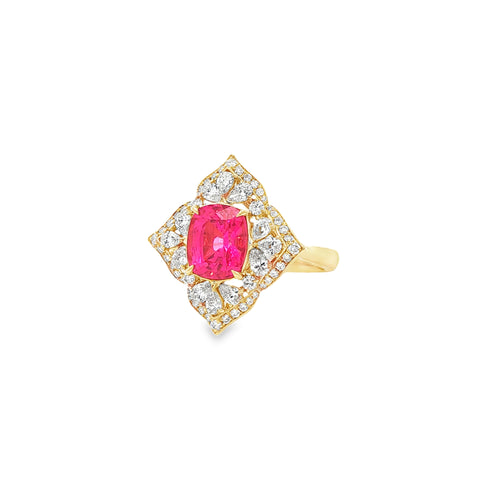 2.79CTW Cushion Cut Pink Spinel with 0.68CTW Cluster Diamond Ring set in 18K Yellow Gold