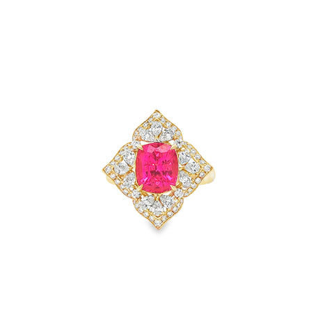 2.79CTW Cushion Cut Pink Spinel with 0.68CTW Cluster Diamond Ring set in 18K Yellow Gold