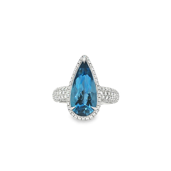 3.60CTW Pear Cut Aquamarine with .99CTW Pave Diamond Halo Cocktail Ring set in Platinum