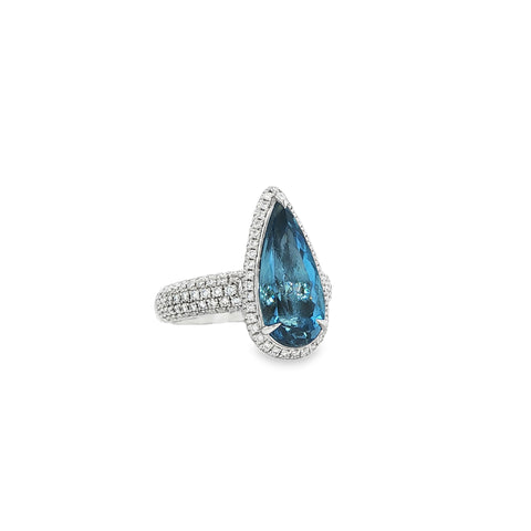 3.60CTW Pear Cut Aquamarine with .99CTW Pave Diamond Halo Cocktail Ring set in Platinum