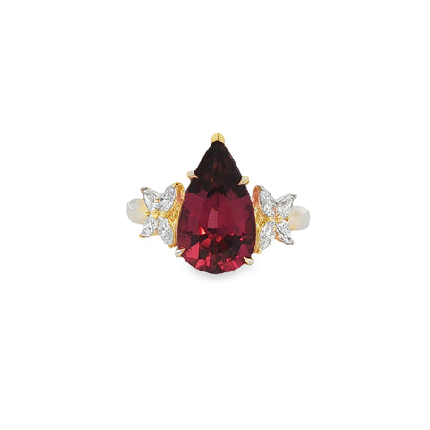 3.01CTW Pear-Shaped Rubellite with .45CTW Marquise & Pear-Shaped Diamonds set in 14K Yellow Gold