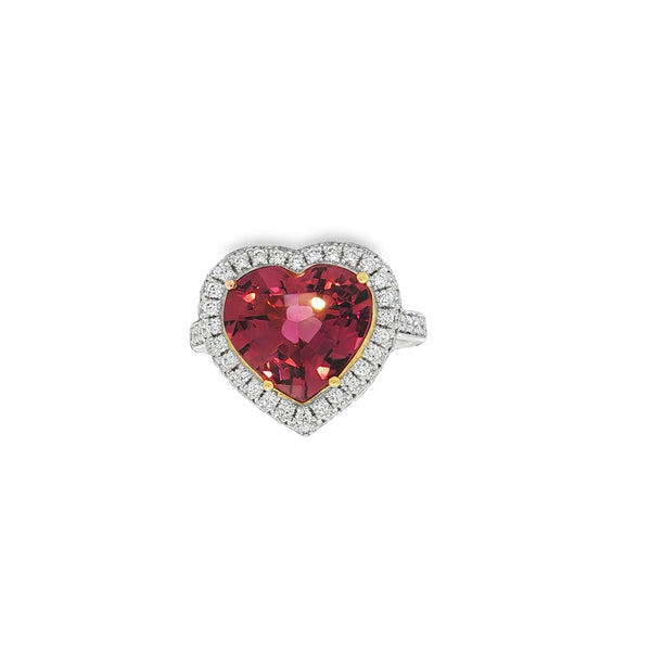 3.68CTW Heart-Shaped Rubellite Tourmaline .71CTW Diamond Halo Cocktail Ring set in Platinum & 18K Yellow Gold