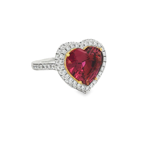 3.68CTW Heart-Shaped Rubellite Tourmaline .71CTW Diamond Halo Cocktail Ring set in Platinum & 18K Yellow Gold