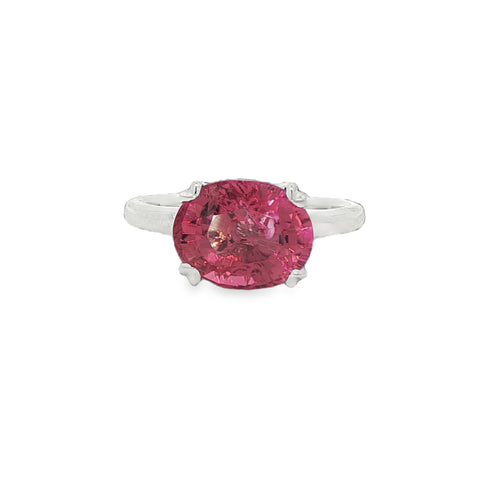 4.05CTW Oval Pink Tourmaline with .04CT Diamond Solitaire Ring set in Platinum