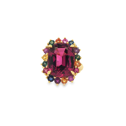 13.41CTW Magenta Garnet & 2.44CTW Mixed Sapphire Halo Ring in 18K Yellow Gold