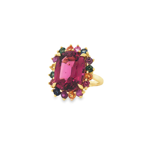 13.41CTW Magenta Garnet & 2.44CTW Mixed Sapphire Halo Ring in 18K Yellow Gold