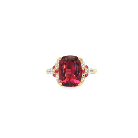 3.99CTW Cushion Cut Rubellite Tourmaline .60CTW Marquise & Round Sapphire & Diamond Cocktail Ring set in 18K Yellow Gold