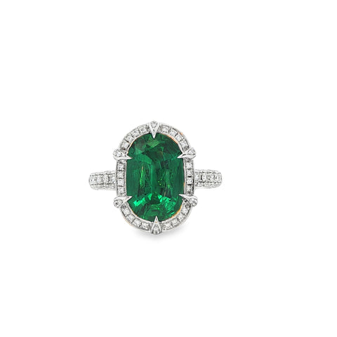 3.60CT Oval Cut Dunaigre Zambia Emerald with .82CTW Diamond Halo Cocktail Ring set in Platinum