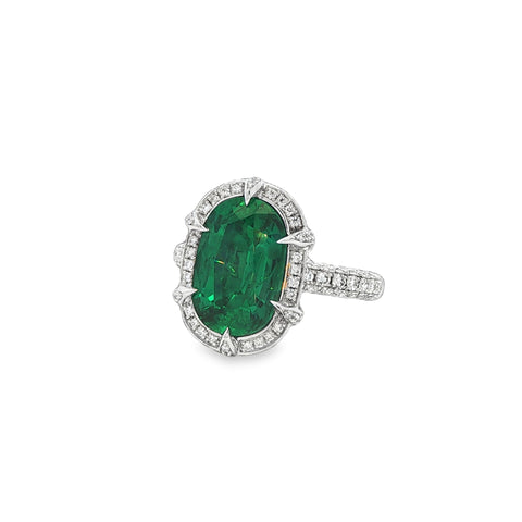 3.60CT Oval Cut Dunaigre Zambia Emerald with .82CTW Diamond Halo Cocktail Ring set in Platinum
