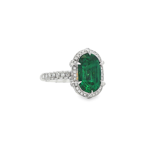 3.60CT Oval Cut Dunaigre Zambia Emerald with .82CTW Diamond Halo Cocktail Ring set in Platinum