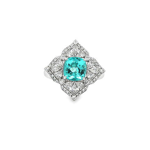 1.94CT Cushion Mozambique Paraiba with .97CTW Pear & Round Diamond Cocktail Ring set in Platinum