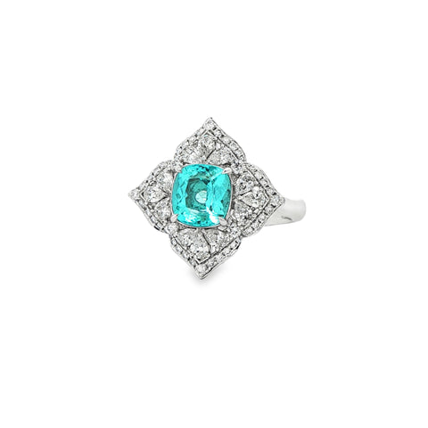 1.94CT Cushion Mozambique Paraiba with .97CTW Pear & Round Diamond Cocktail Ring set in Platinum