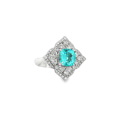 1.94CT Cushion Mozambique Paraiba with .97CTW Pear & Round Diamond Cocktail Ring set in Platinum