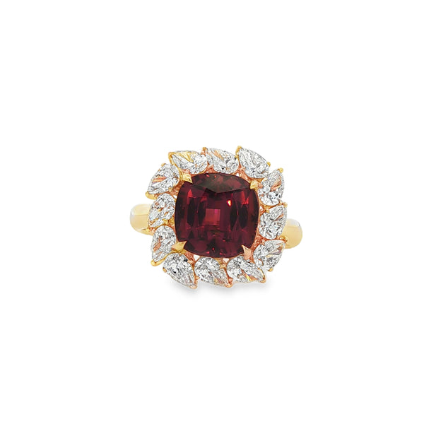 3.16CTW Cushion Cut Rubellite with 1.68CTW Pear Cut Diamond Halo Cocktail Ring set in 18K Yellow Gold